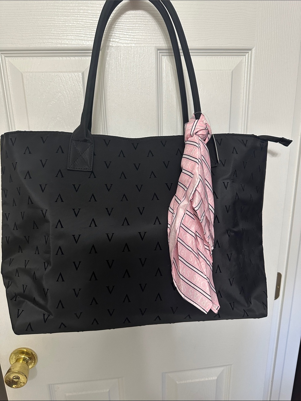 NWT Victoria’s Sectet Black Tote Bag with Pink Scarf Accent